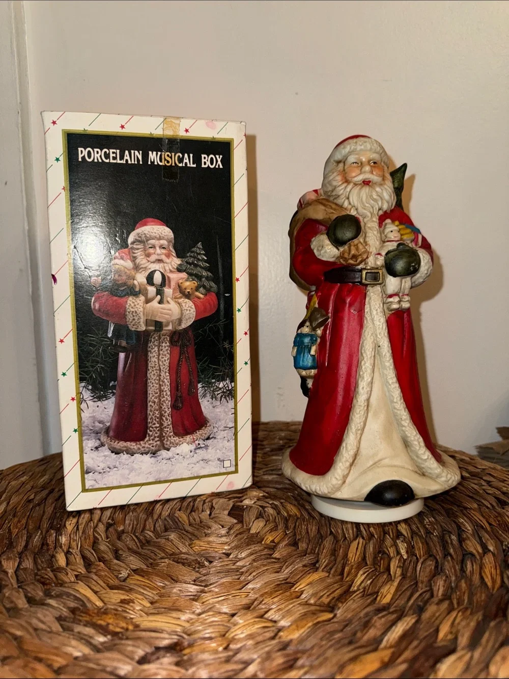 Vintage Old World Santa Claus Porcelain Musical Box Wind Up Figurine